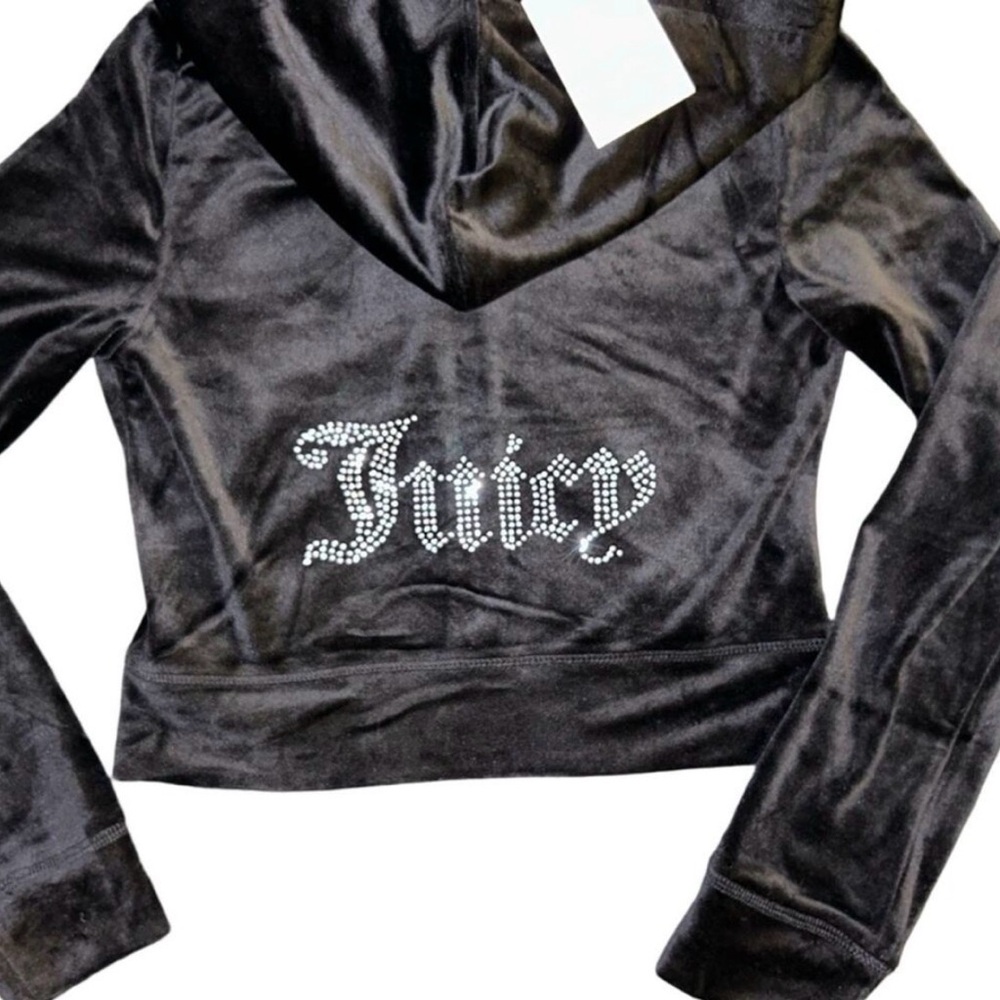 JUICY COUTURE BLACK LIQUORICE OG BLING RHINESTONE VELOUR TRACKSUIT *HOODIE* NWT - Picture 2 of 15